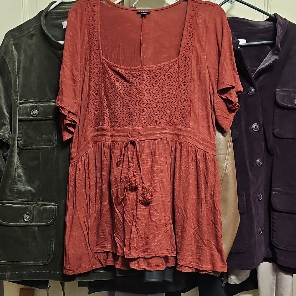Torrid Brown and Orange Flutter Sleeve Smocked Blouse